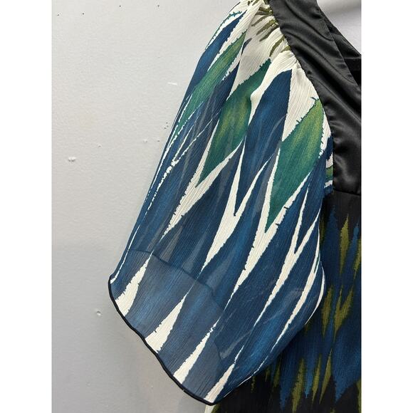 AB Studio Shirt Womens Large Ikat Print Short Sleeve Satin Trim Top‎ - Picture 5 of 10